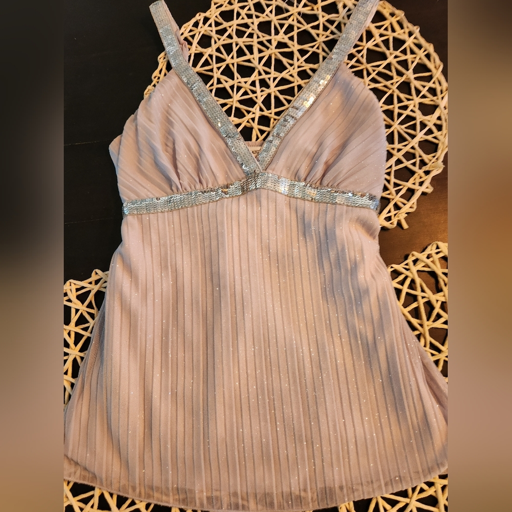 Guess Jeans Silver Sequin Glitter Small Tank Top adjustable straps ties in back